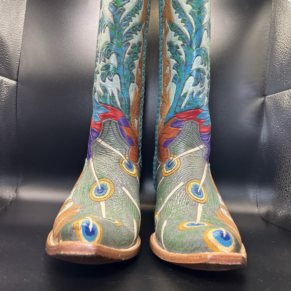 Carrie Cameron Peacock Boots Women's 8.5B Hand Tooled Painted Leather Western - Picture 6 of 16